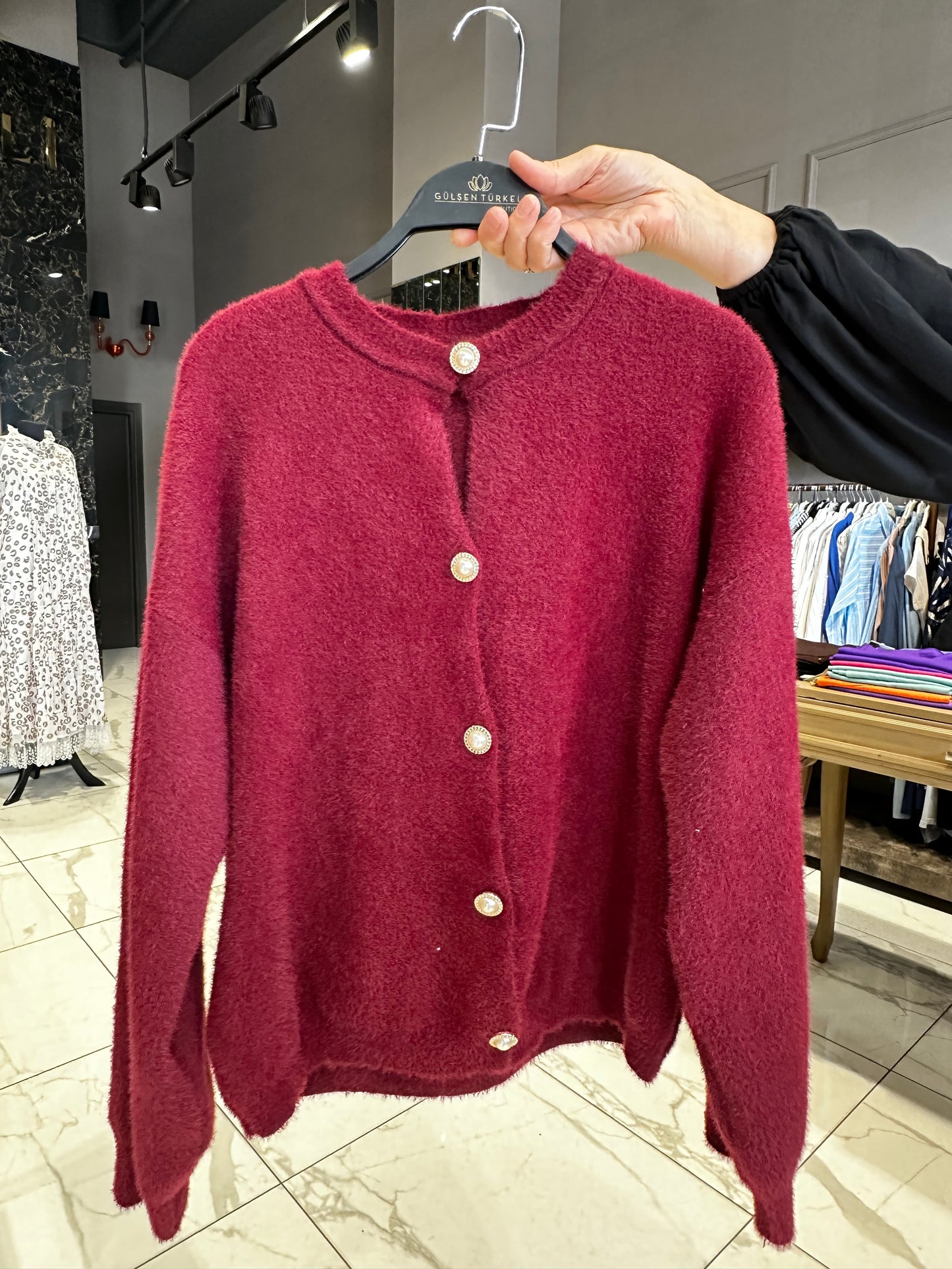 Düğme Detaylı Bordo Angora Hırka