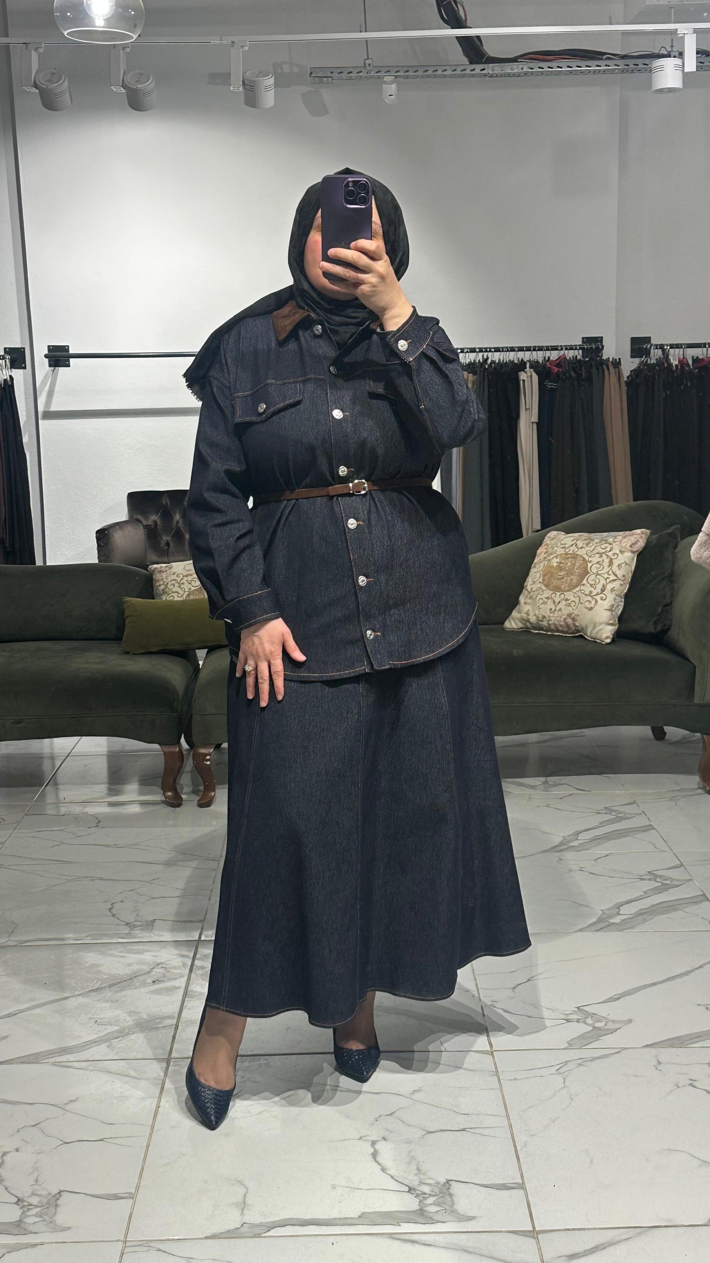 Likralı Jean Kumaş Etekli Takım