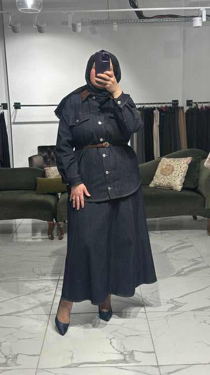 Likralı Jean Kumaş Etekli Takım