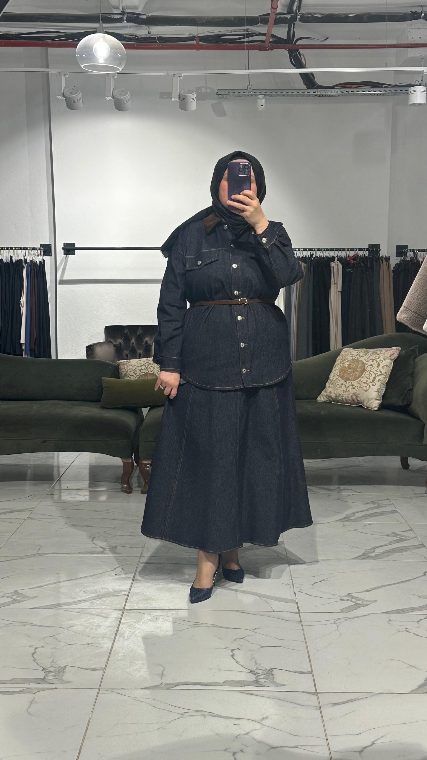 Likralı Jean Kumaş Etekli Takım