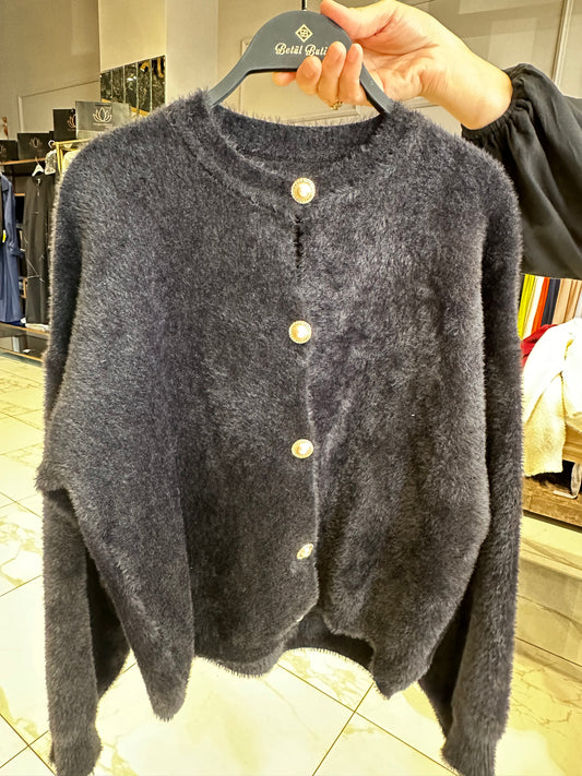Düğme Detaylı Siyah Angora Hırka