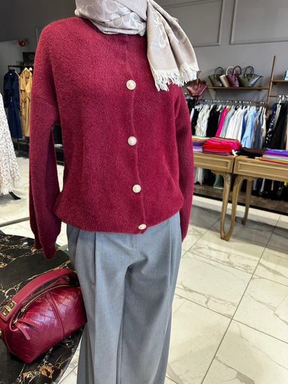 Düğme Detaylı Bordo Angora Hırka