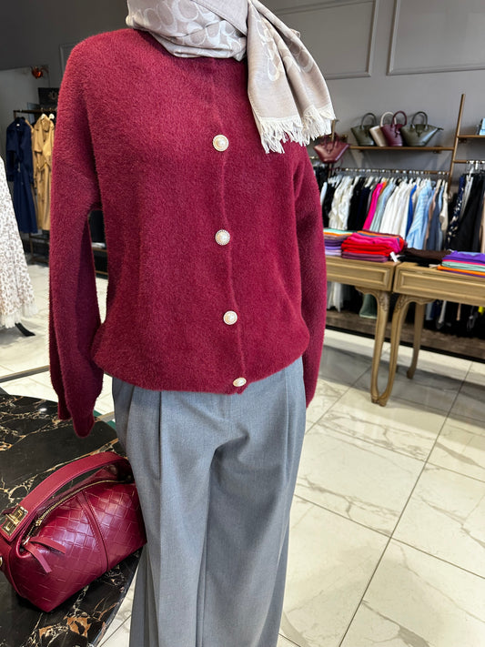 Düğme Detaylı Bordo Angora Hırka