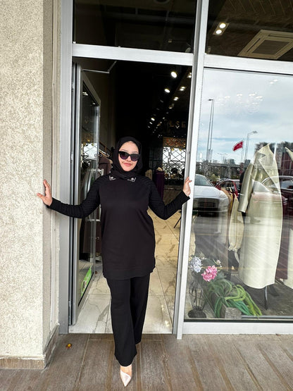 Yaka Taş Kol Çizgi Detaylı Merserize Pantolon Takım