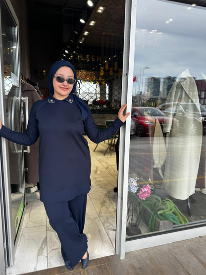 Yaka Taş Kol Çizgi Detaylı Merserize Pantolon Takım