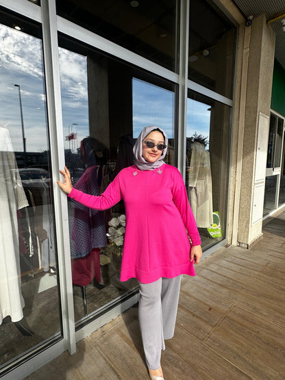 Yaka Taş ve İnci İşleme Soğuk İplik Merserize Bluz