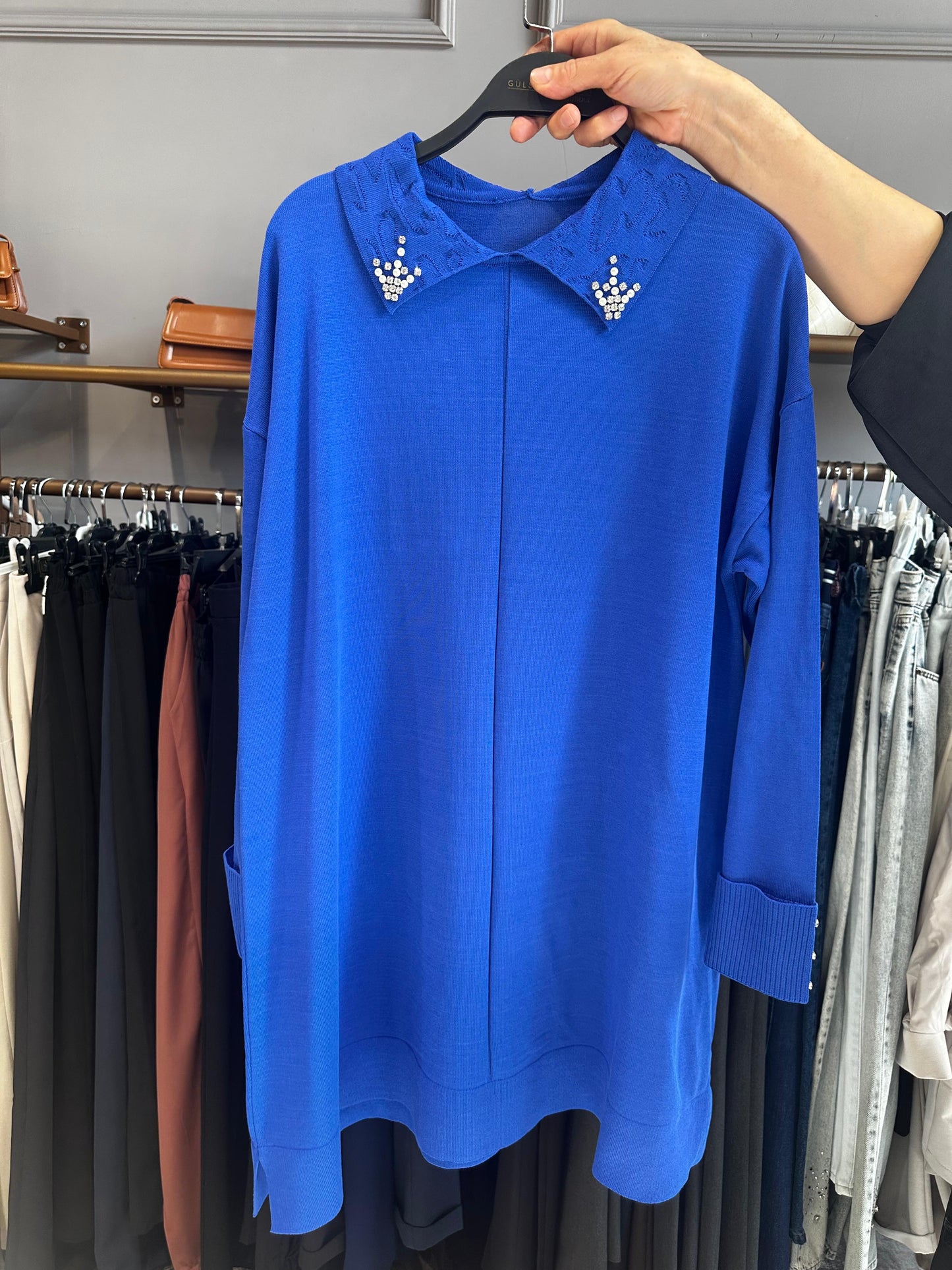 Yaka Taş ve İnci İşleme Soğuk İplik Merserize Bluz