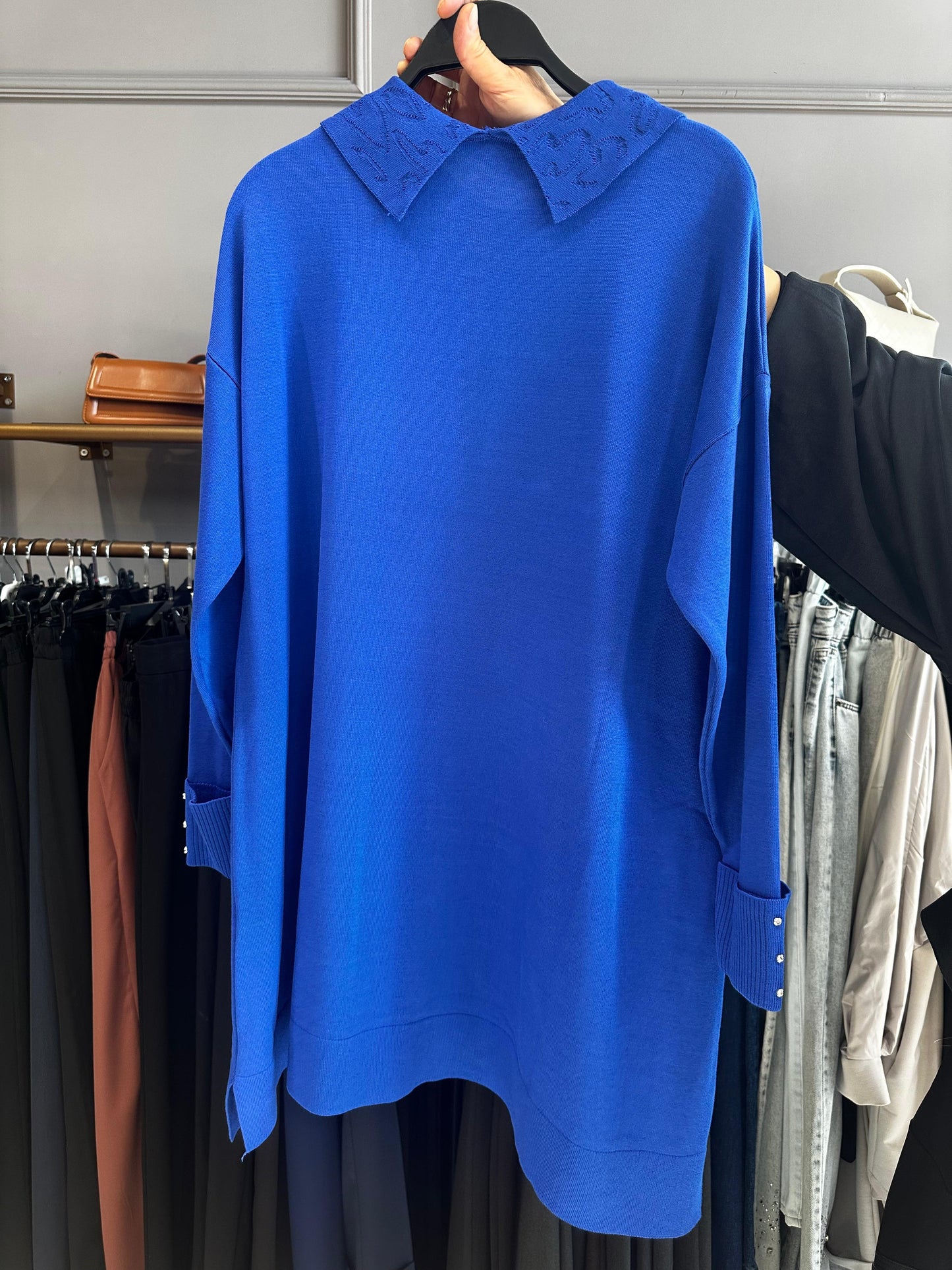 Yaka Taş ve İnci İşleme Soğuk İplik Merserize Bluz