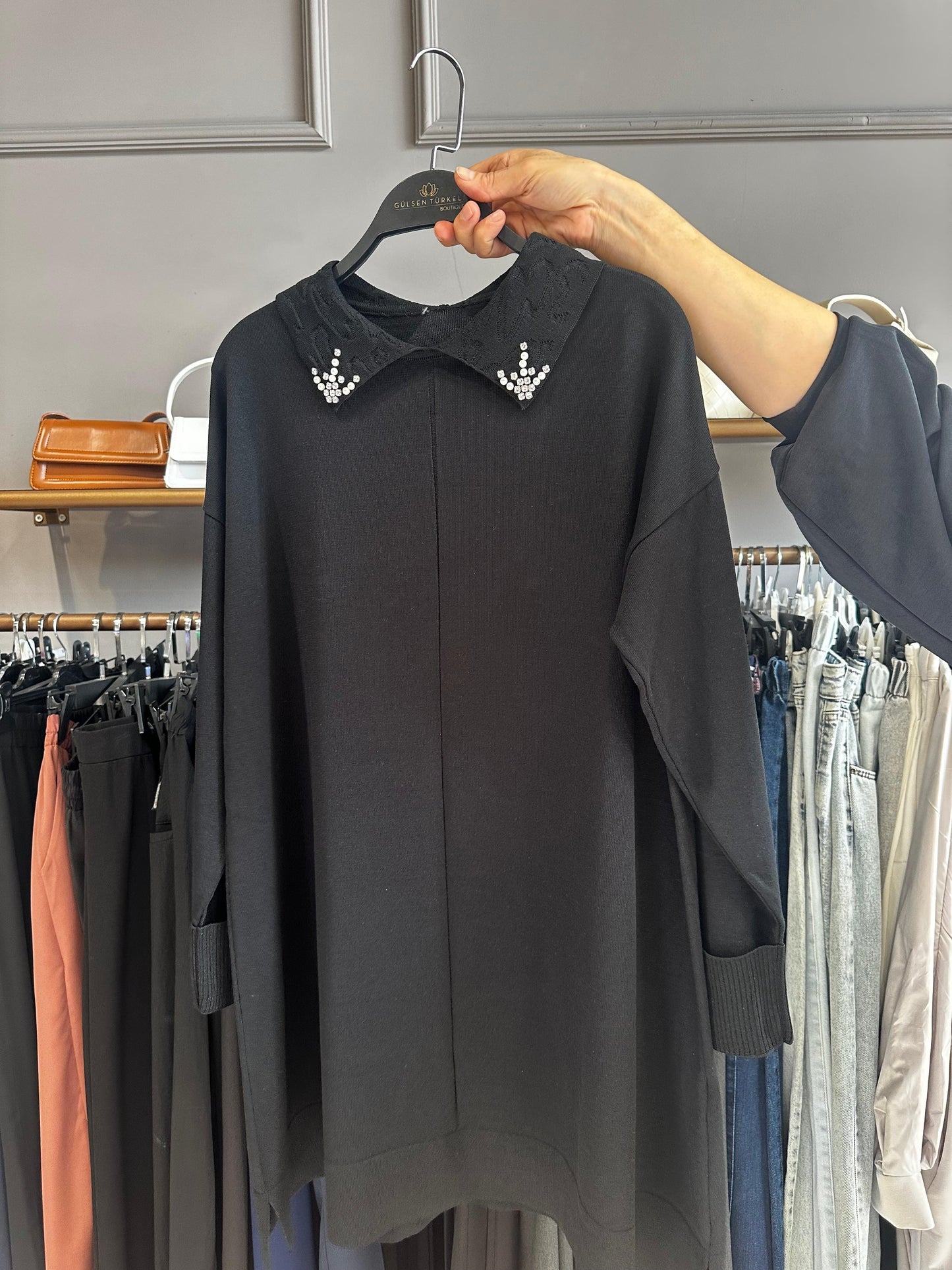 Yaka Taş ve İnci İşleme Soğuk İplik Merserize Bluz