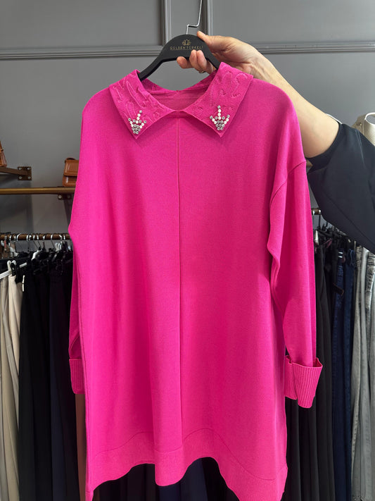 Yaka Taş ve İnci İşleme Soğuk İplik Merserize Bluz