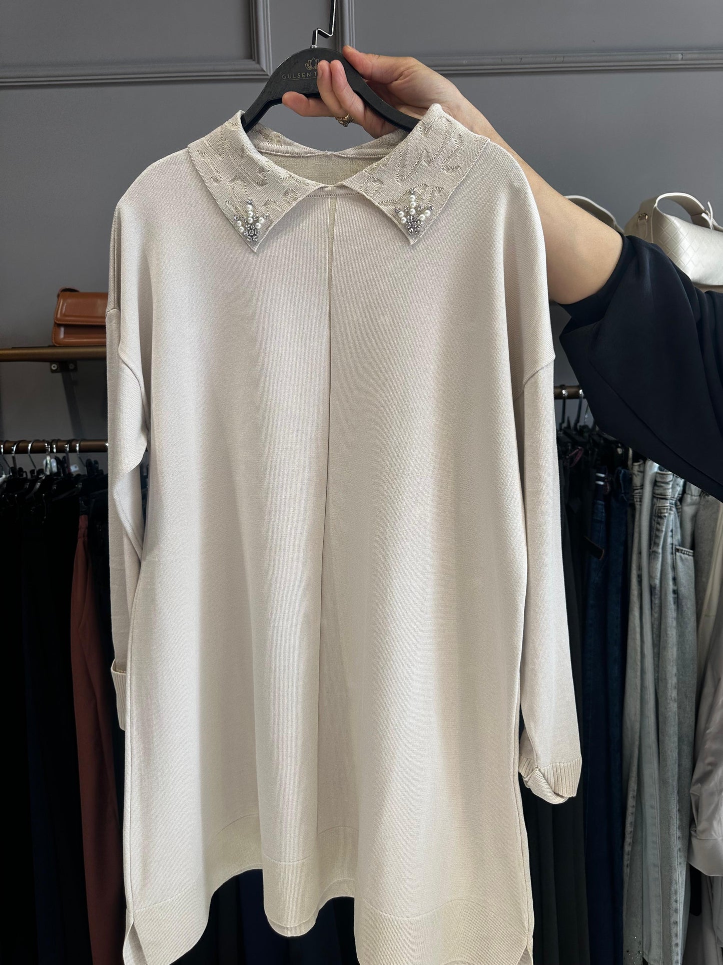 Yaka Taş ve İnci İşleme Soğuk İplik Merserize Bluz