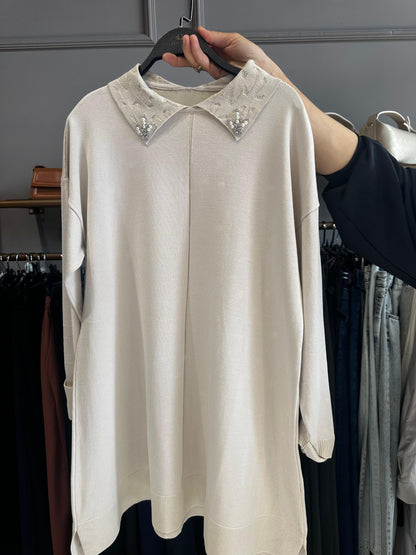 Yaka Taş ve İnci İşleme Soğuk İplik Merserize Bluz