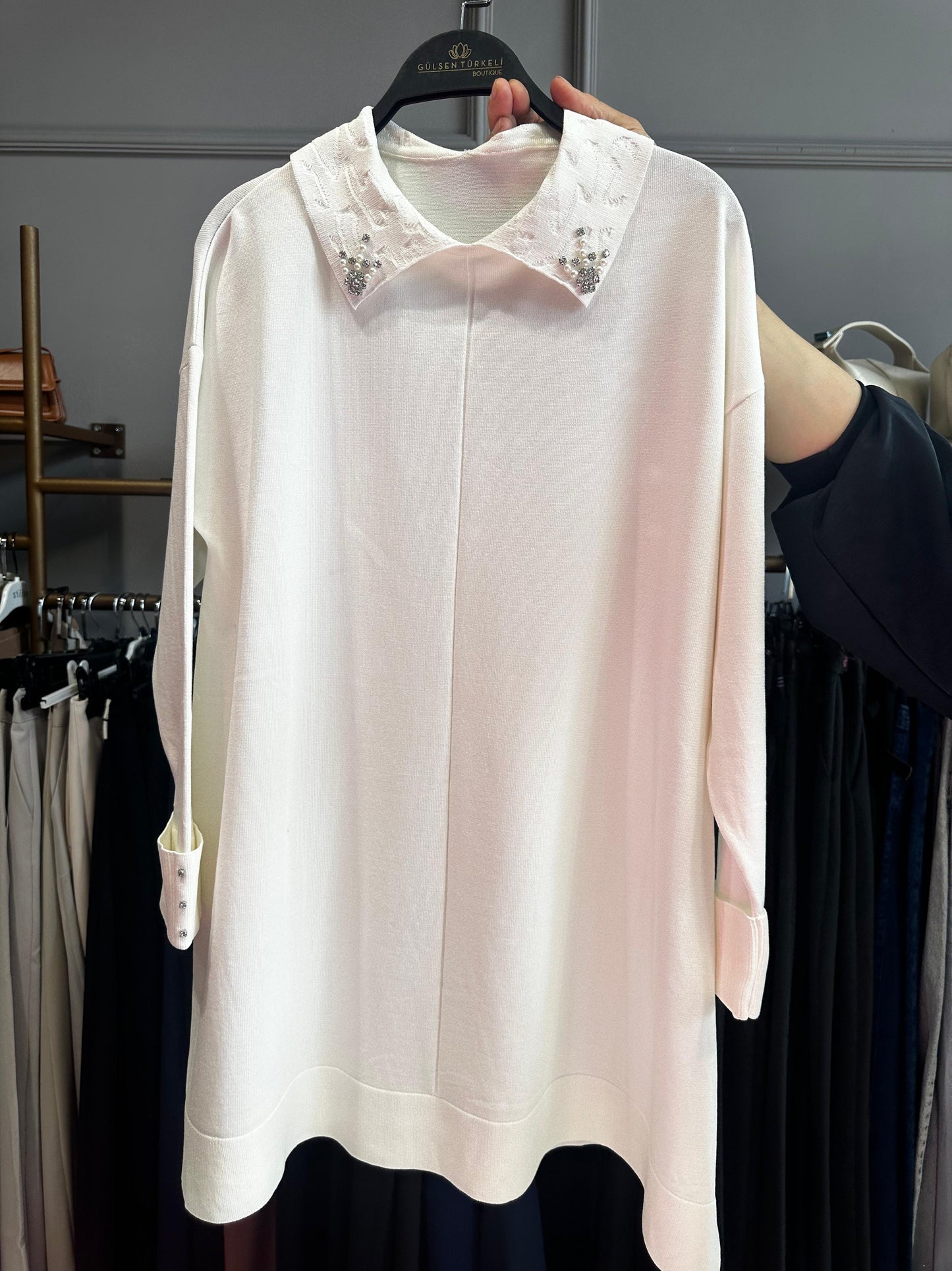 Yaka Taş ve İnci İşleme Soğuk İplik Merserize Bluz