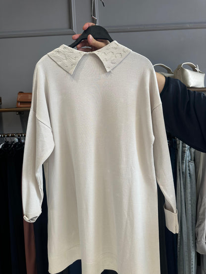 Yaka Taş ve İnci İşleme Soğuk İplik Merserize Bluz